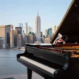a city skyline poking out a grand piano