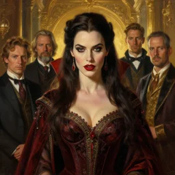 majestic gracious regal aristocratic brunette female vampire portrait, random indoors setting!!!, atmospheric lighting!!, painted, menacing, intricate, beautiful, deep colours masterpiece!!, ( golden hour ), sharp focus!, ultra detailed, by leesha hannigan, ross tran, thierry doizon, kai carpenter, ignacio fernandez rios
