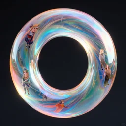 highly detailed holographic iridescent glass torus with many different shades of blue pink orange yellow green, by gilbert williams, by simon stalenhag, by beeple, by bruce pennington, by james jean, featured in juxtapoz, mixed media, dynamic composition, octane render