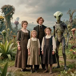35mm still from a sci fi blockbuster movie made in 2022, set in 1860, of a family standing next to some strange wild alien plants wearing 1850s era clothes, a humanoid alien standing nearby, in a park on a strange alien planet, cinematic lighting, 4k, in focus faces, oscar winner, high quality photography
