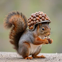 a squirrel with a helmet made of acorns