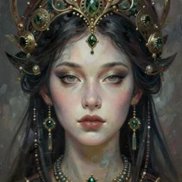 portrait of beautiful cannabis goddess, enigmatic beauty, esoteric, muted colors, head in focus, fantasy art, ornamental aesthetics, intricate, elegant, highly detailed hyperrealistic painting, artstation, concept art, painterly, sharp focus, illustration, art by lois royoi
