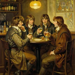 bradley james as arthur pendragon and colin morgan as merlin go to a pub together to have some drinks. highly detailed painting by gaston bussiere, alphonse mucha, greg rutkowski, j. c. leyendecker 8 k