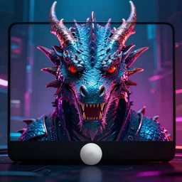 a video call from a dragon facing the camera head on. cyberpunk color scheme and theme.