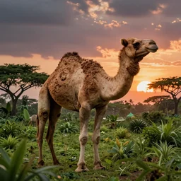 award winning cinematic still of a camel standing in a green jungle, colorful sunset, epic, cinematic lighting, dramatic angle