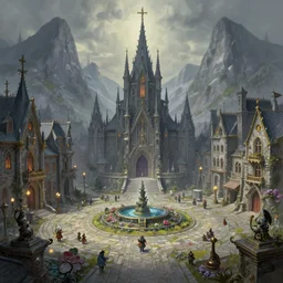 city square in the dwarven metropolis of water and flowers, located between the mountains. airbrush and metallic paints by award - winning visual concept artist, gothic horror, impressionism, depth of field, backlighting