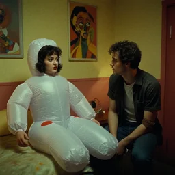 still from a 1988 arthouse film about a depressed housewife dressed as a squishy inflatable toy who meets a handsome younger man in a seedy motel room, color film, 16mm soft light, weird art on the wall