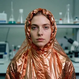 closeup portrait of a woman wrapped in copper cellophane, standing in a derelict biology lab science, color photograph, by clemens ascher, canon eos c 3 0 0, ƒ 1. 8, 3 5 mm, 8 k, medium - format print