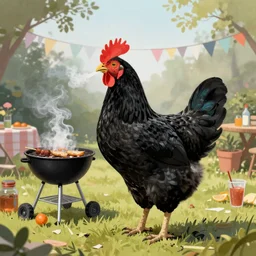 black chicken smoking cannabis at a bbq party artwork of James Gilleard