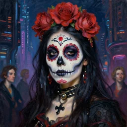 close up portrait of a punk goth dia de los muertos girl in a cyberpunk futuristic city, oil painting by canaletto hieronymus bosh leonardo da vinci piero della francesca botticelli