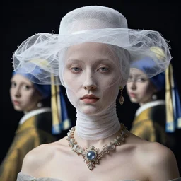 a beautiful futuristic portrait with hat made by wires and white gauze twisted around her face, necklace made by wires, design by leonardo davinci, inspired by egon schiele and vermeer, modern art, baroque art jewelry, new classic, hyper realistic, cinematic composition, cinematic lighting, fashion design, concept art, hdri, 4 k -