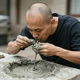 a random bald guy eating wet cement