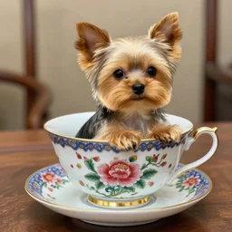 a small yorkshire terrier dog in a old beautiful tea cup designed in china with flower on it