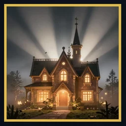 house lights shining through the fog by disney concept artists, blunt borders, rule of thirds