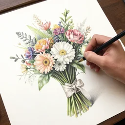 pov image of hand sketching a bouquet of flowers, accurate. highly detailed. realistic. by artgerm and magali villanueve and michael whelan