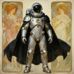 knights templar in a space suit with black cape and golden ring, futurism, character design, painting by gaston bussiere, greg rutkowski, artgerm, alphonse mucha, trending on artstation