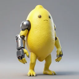 humanoid lemon monster creature with a cyberpunk with a cyberpunk arm, unreal engine, full body concept