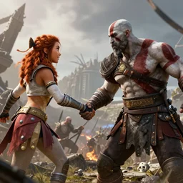 Kratos and Aloy handshaking vigorously on a battlefield, digital art, unreal engine render, highly detailed
