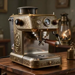 steampunk espresso machine with a soul, on a wooden table, intricate detail, hyper detailed, ultra realistic, sharp focus, smooth, octane render, lantern, volumetric, ray tracing, artstation trending, cgsociety, sense of awe, mystical, 4 k