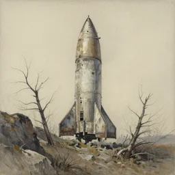extremely detailed abandoned rocket ship, old dead sparse distant knotted branches, unfinished canvas, sparse dry brush texture, strokes visible, beaten bare, underbrush wash, rocky crag, alpine climate