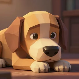 warm cute low poly dog pixar disney cuddle close up dramatic warm lighting