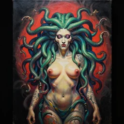 a beautiful painting lovely 3 d medusa, body skull tattoos by ukiyo - e award - winning art, andy warhol color, dramatic light, octane render