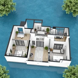 3 d floor plan of a 5 bedroom house in the uk, walls made of glass, water everywhere