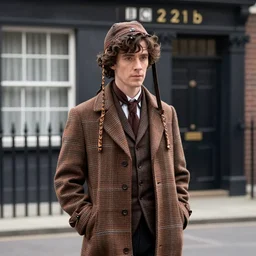 katie holmes dressed as sherlock holmes, wearing brown checkered deerstalker, long hair on head, long shot, baker street 2 2 1 b, sherlock bbc movie, intricate, cinematic lighting, smooth, sharp focus, award winning portrait studio lighting by jessica rossier and brian froud and gaston bussiere