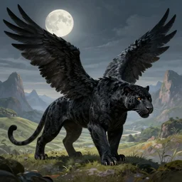 Black feathered Jaguar with wings on a beautiful fantasy landscape, hills, mountains, moonlit, HD, illustration, epic, D&D, fantasy, intricate, elegant, highly detailed, digital painting, artstation, concept art, smooth, sharp focus, illustration, art by artgerm and greg rutkowski and alphonse mucha