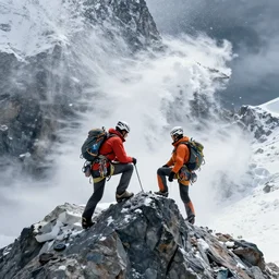 two climbers trying to climb to the top of the world with an avalanche that sweeps them away , photo