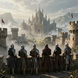 ten medieval soldiers atop a castle wall looking over a vast medieval kingdom rule by an evil king. it is a quiet morning. mist, epic, cinematic, volumetric lighting, fantasy style, highly - detailed, unreal 5, realism