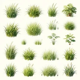 full page of concept designs of foliage and plants assets, multiple types of grass and foliage, artstation, labeled, poster