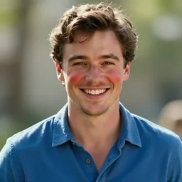 a cinematic portrait scene james franco with a very big smile on his face, blue shirt, red cheeks, sunny background, intricate, elegant, highly detailed, digital painting, artstation, concept art, smooth, sharp focus, illustration, art by artgerm and greg rutkowski and alphonse mucha