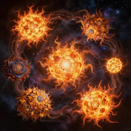 infinite spiraling exploding suns blooming intricate flowers across the dark cosmos, beautifully painted, intricately detailed, volumetric lighting