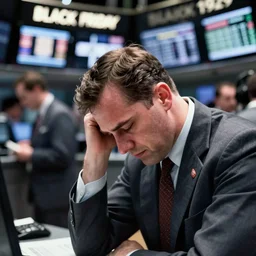 close up photograph of a despondent Wall Street trader on the trading floor on Black Friday 1929 in the style of a Corbis archival photo Sigma 24mm 8 by Doro