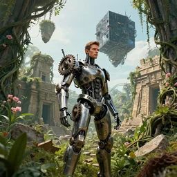 ultrarealistic, cyborg, cyberpunk, gears, steam, future, iamrobot movie, masculine figure, beautiful, soft skin, harsh metal, overgrown forest, rubble, vines, flowers, plant life, jungle, aztec temple, decay, ruins, floating rocks connected by huge vines, sandstone buildings, pink flowers, giant reflective black cube alien ship in the sky