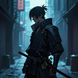 Cyberpunk Samurai facing left in backdrop of cold alley, Artstation