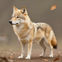 professional stylized full - body digital art of a side profile of a cream tibetan wolf, tan and brown accents, fluffy, falling leaves, hd, 8 k, highly detailed, high quality, cute