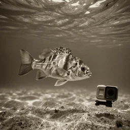 a fish, underwater photography, gopro shot, dystopia, sepia, vignette