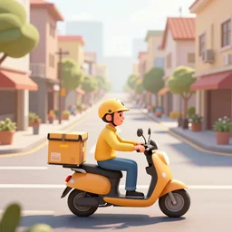 drawn cartoon of a delivery driver on moped delivering packages on a long windy city street, bright color, bubbly, digital cartoon syle image, no blur, white background