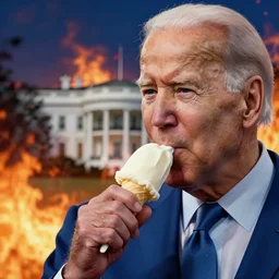 cinematic close up of joe biden eating an ice cream with the whitehouse on fire behind him artwork by greg rutowski, 4 k, masterpiece