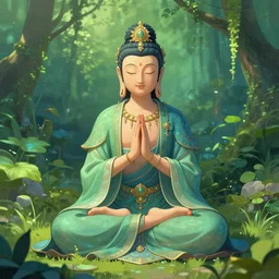 peaceful content gardenpunk bodhisattva, praying meditating, greens and blues, intricate clothing, WLOP digital art artstation
