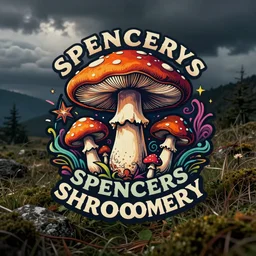 Spencers Shroomery logo. Mushroom theme, psychedelic style, by Aaron Draplin