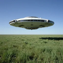 scientific spaceship hovering over a green grassy field on an alien world, daylight, blue sky, vanishing view perspective, Syd Mead