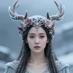 beautiful female character inspired by iceland and floral headdress regina king pagan wiccan viking antlers headdress icicles full face | | digital artwork made by greg rutswork, anna dittmann and lois van barlee, symmetrical rim light, anatomically correct