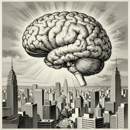 the human brain in the form of a city of sky scrapers, gustav dore, line art