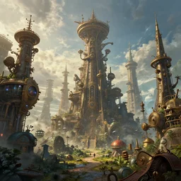 exquisite imaginative fantasy landscape with steampunk towers movie art by : : james gurney lucusfilm weta studio, trending on artstation james jean frank frazetta