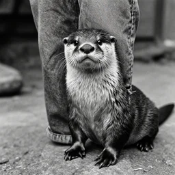 A photograph of an otter wearing jeans. Film Noir. Black and White.