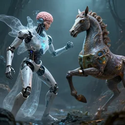 by artgerm and agostino arrivabene, visually stunning, cinematic, ultra realistic, hyper realism, 1 2 k, epic, octane render, unreal engine, vfx, maya, robot with no brains, ghostly bride necklace, cyborg insectoid creature, brain box, compelled duel, gifted aetherborn, returned centaur, mermaid