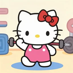 animated cartoon film of hello kitty exercising at the gym, hello kitty has big muscles, barbells